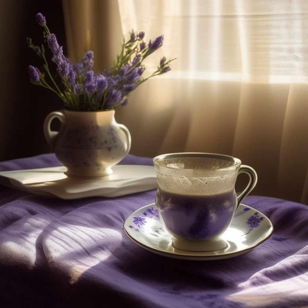 A teacup and vase of lavender blossoms on a cloth-covered table, illuminated by the soft warm sunlight filtering into the room