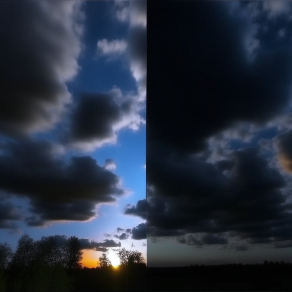 A serene view of the sky transitions from day to night. 54 k uhd image, cinematic lighting, Stuckism