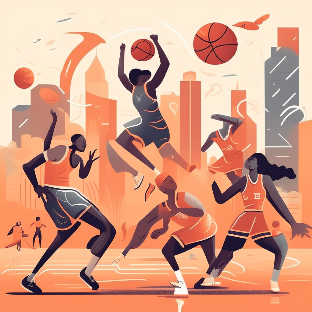 A group of friends playing basketball. The figures are stylized to highlight different physical benefits - one player jumping to represent strengthened bones and muscles, another sprinting to depict an elevated heart rate and calorie burning for weight management, a third stretching to showcase improved flexibility. Sports equipment and a basketball court are in the background.