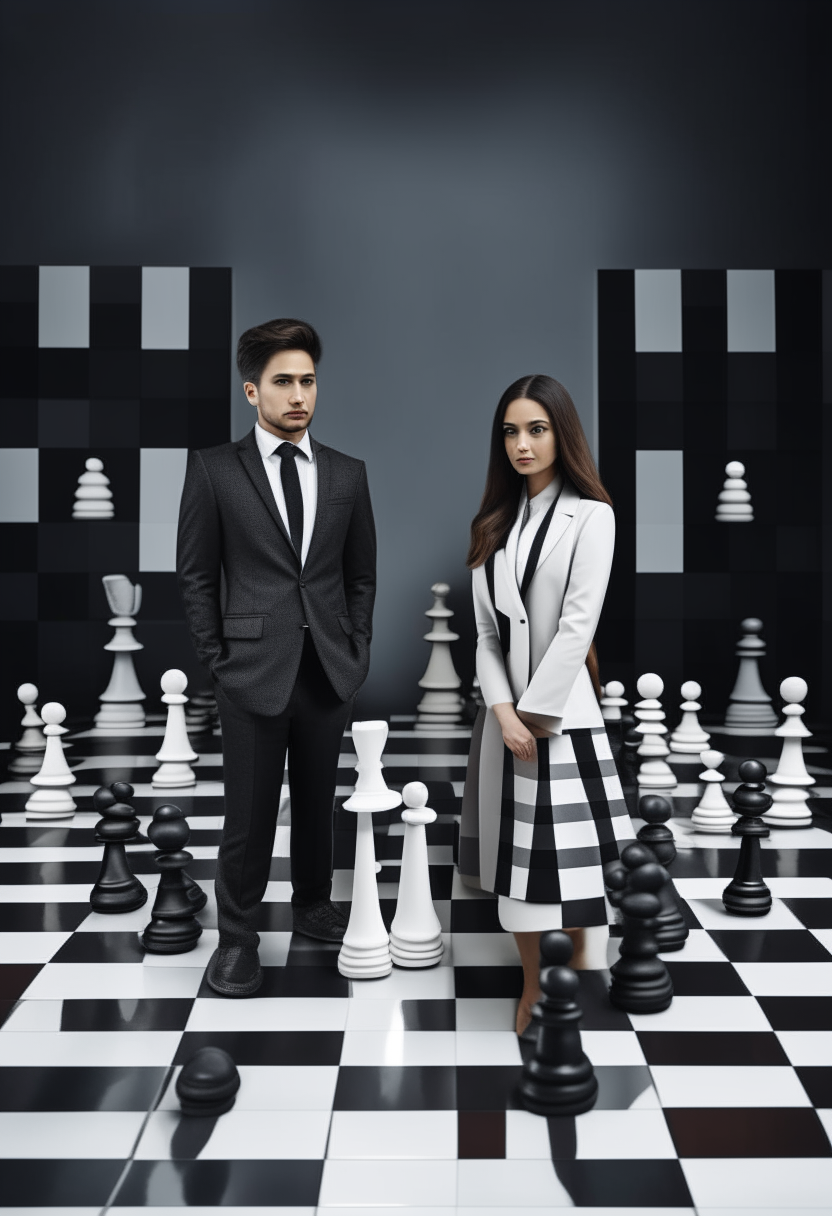 A man and a woman in colored office suits stand in the center of a huge black and white chessboard next to huge black and white chess pieces