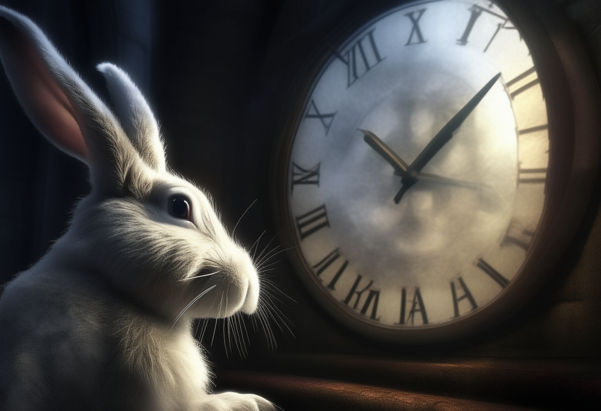 a rabbit  fascinated by a large, majestic clock at the heart of the tower. Her face expressing intrigue and determination as she examines the frozen clock closely --q 2 --v 5.2 --ar 16:9

