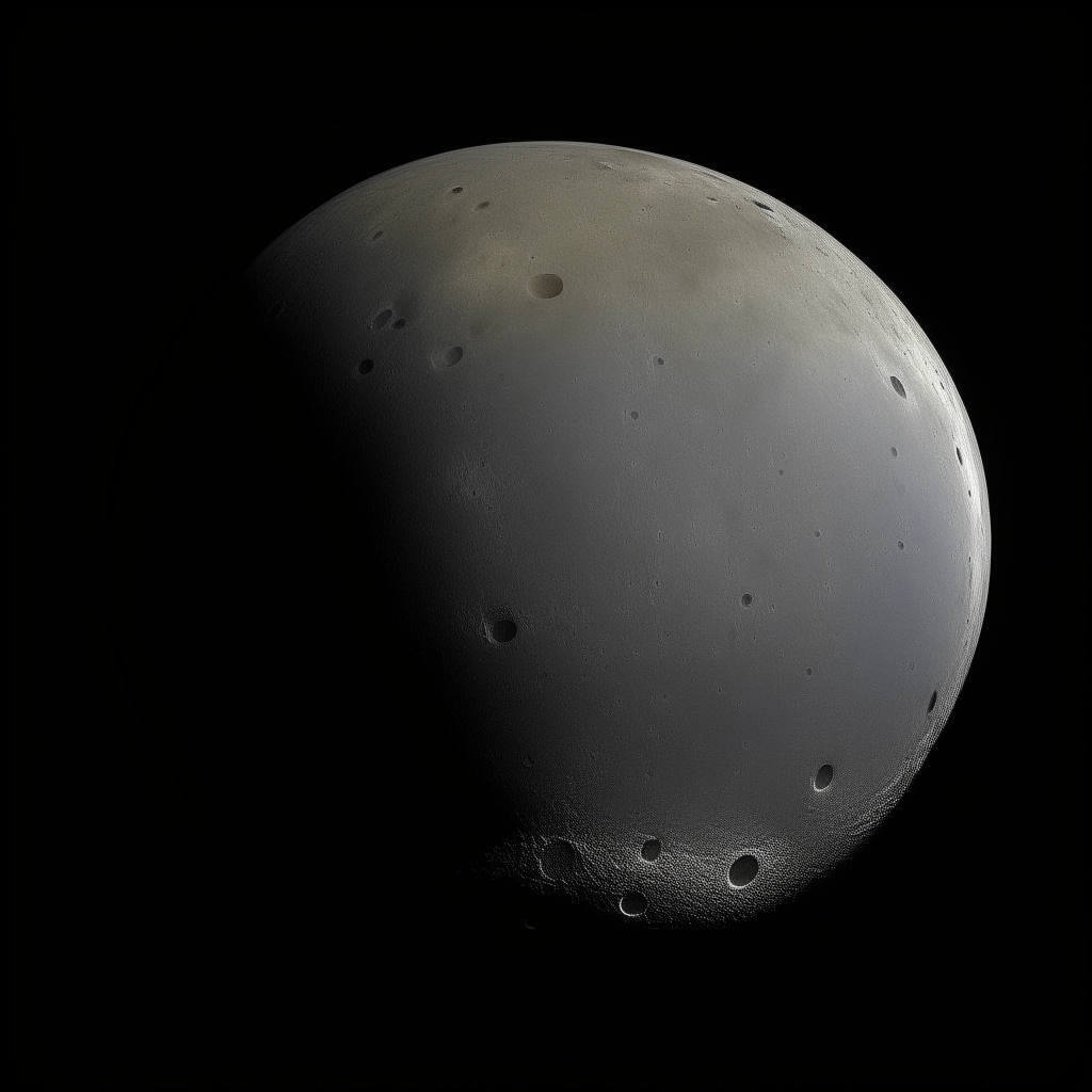 A wide view of the planet Mercury floating by itself in the black void of space, its pockmarked grey surface visible