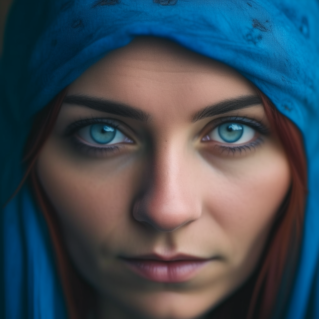 A second close up portrait photo of the same woman with the blue headdress looking directly at the camera