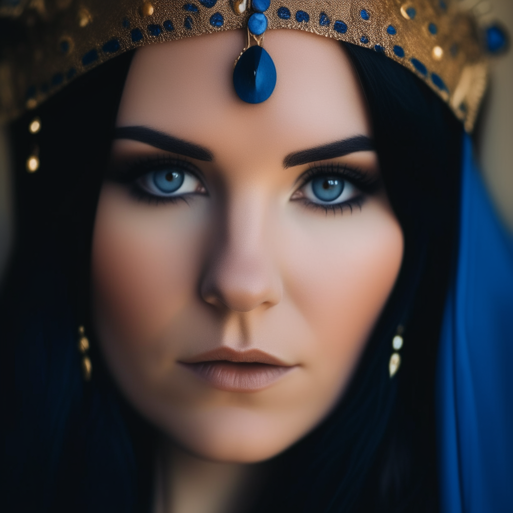 A close up portrait photo of a woman with brown eyes and long black hair wearing a blue beaded headdress and gold dangling earrings looking into the camera