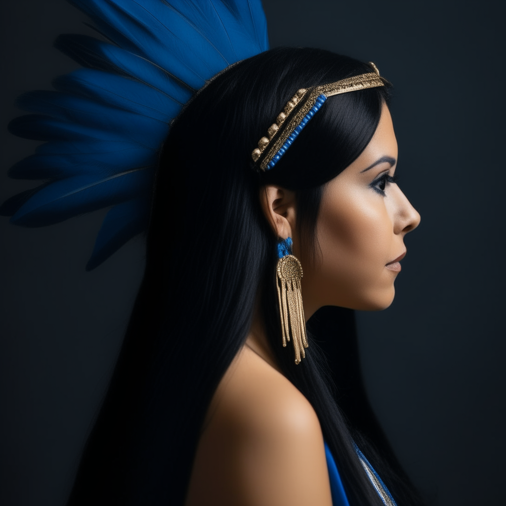 A 3/4 profile view of a woman with long black hair wearing a blue beaded headdress and gold earrings looking to the left