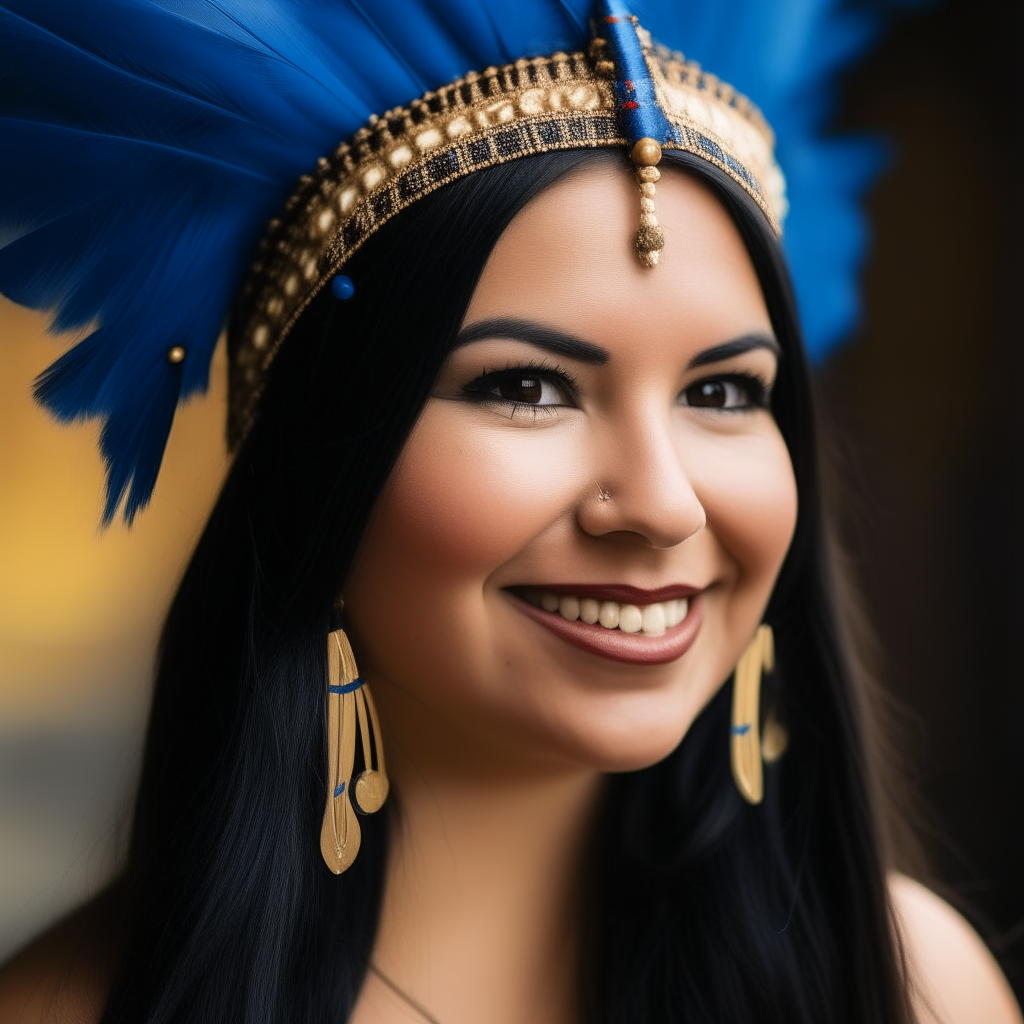 A woman with brown eyes and long black hair wearing a blue beaded headdress and gold dangling earrings smiling softly