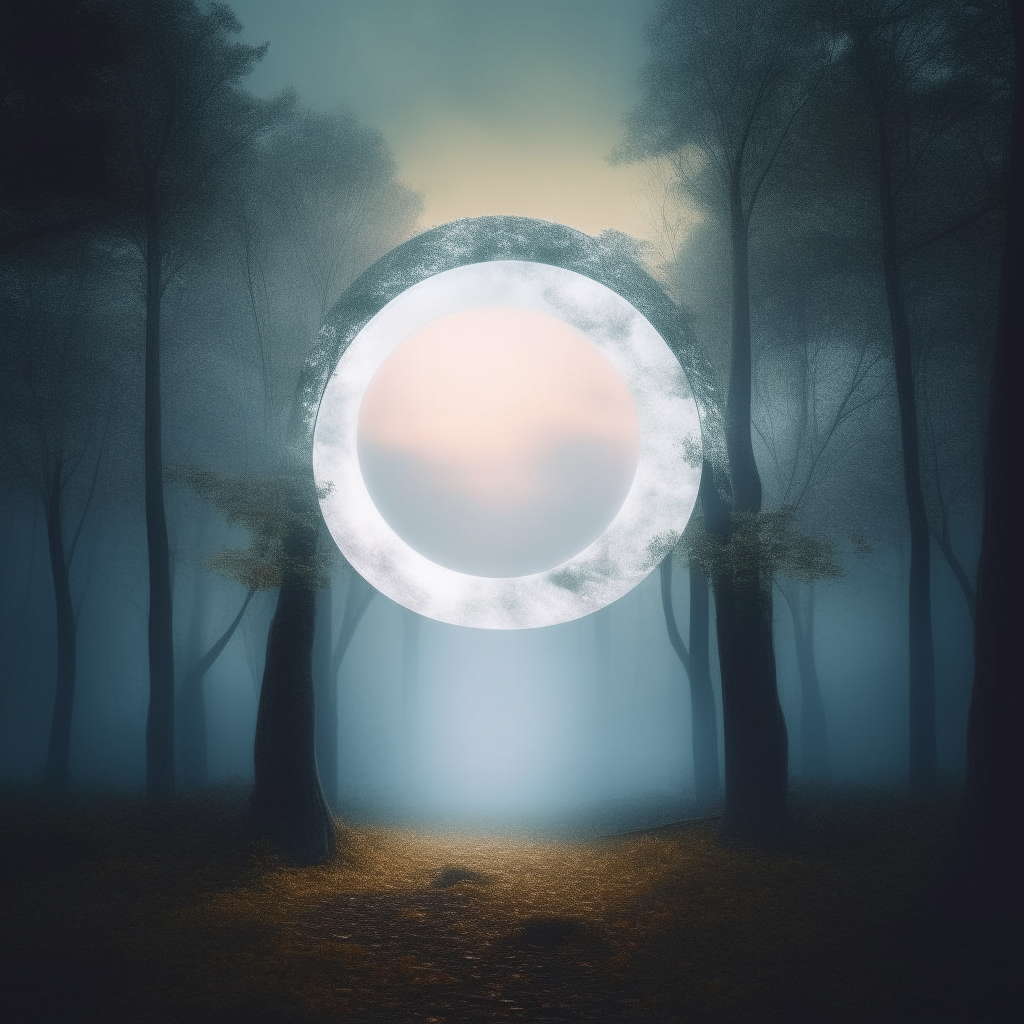 A glowing white portal floating in a misty forest clearing under a full moon