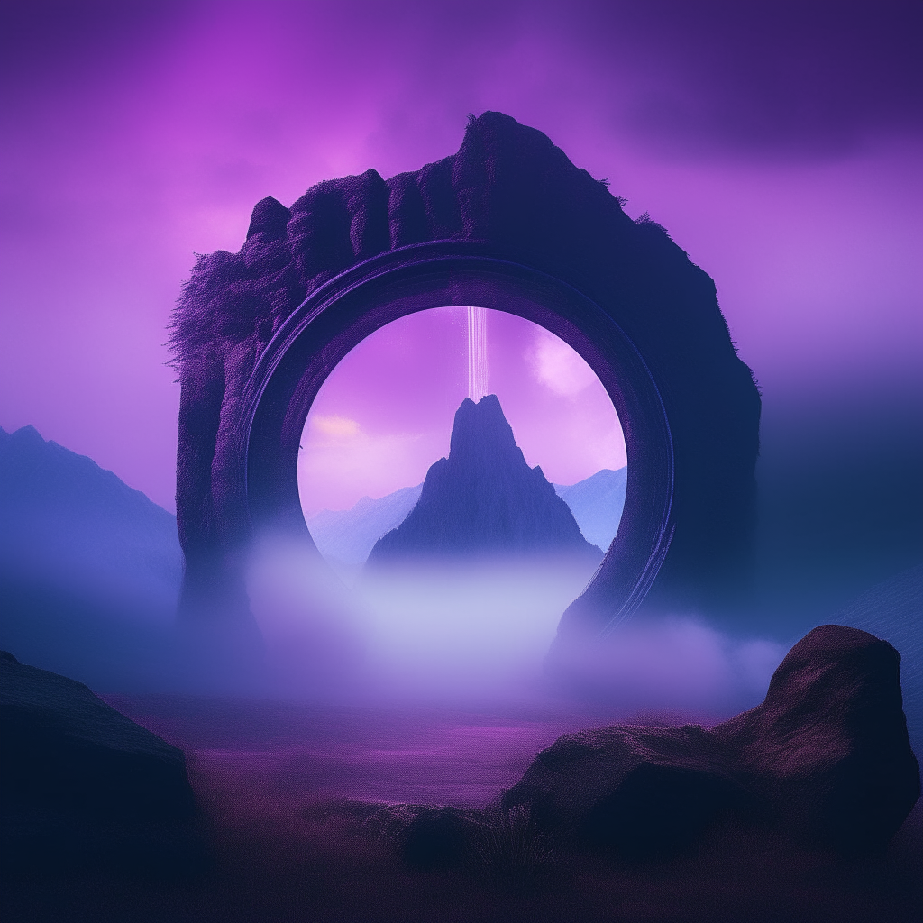 A vivid purple portal emerging from misty mountains under a twilight sky