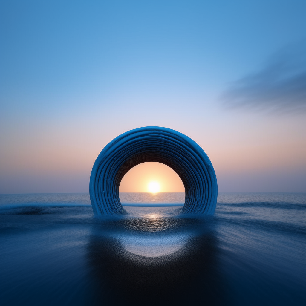 A calm blue portal rippling on a tranquil ocean shore at dawn