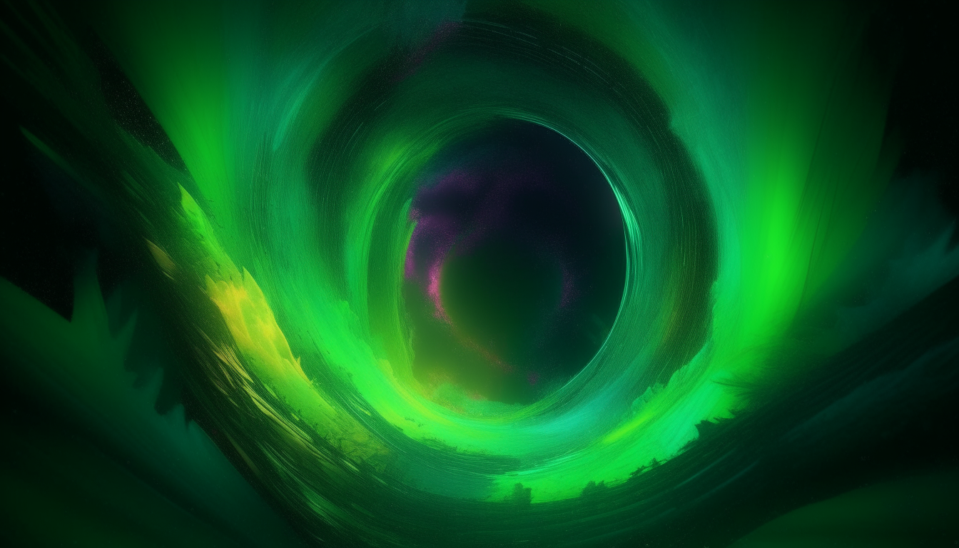 A vibrant green portal swirling within the colorful aurora of another world