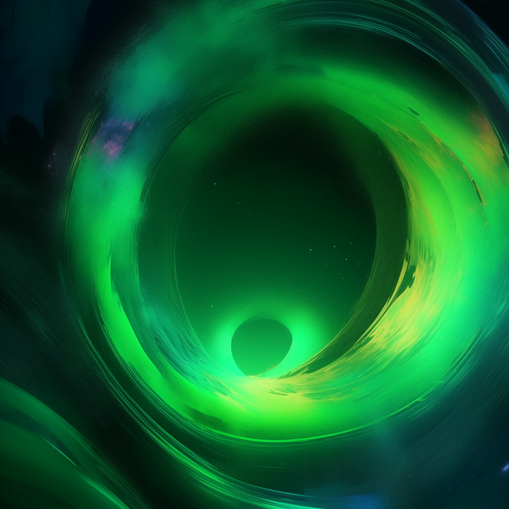 A vibrant green portal swirling within the colorful aurora of another world