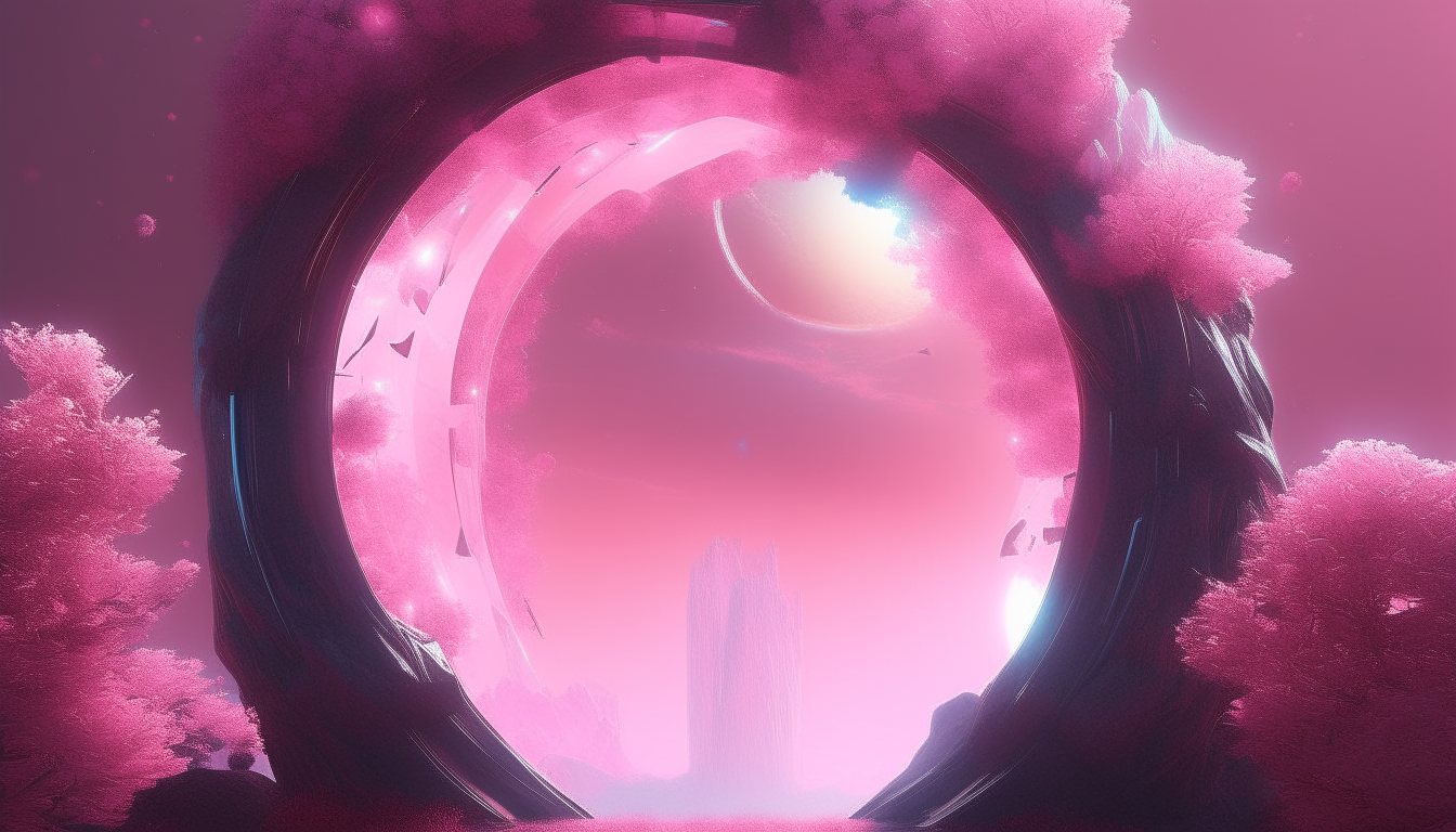 A shimmering pink portal hovering above alien vines and crystals on a distant planet