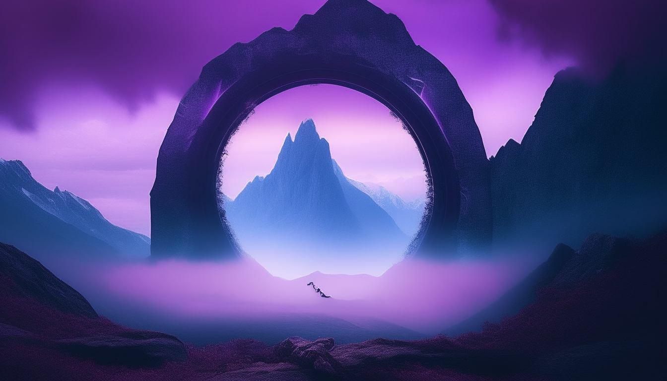 A vivid purple portal emerging from misty mountains under a twilight sky