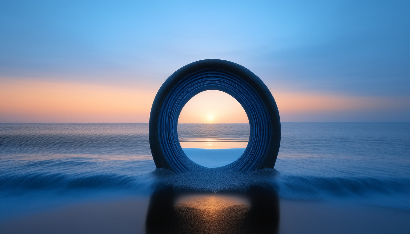 A calm blue portal rippling on a tranquil ocean shore at dawn