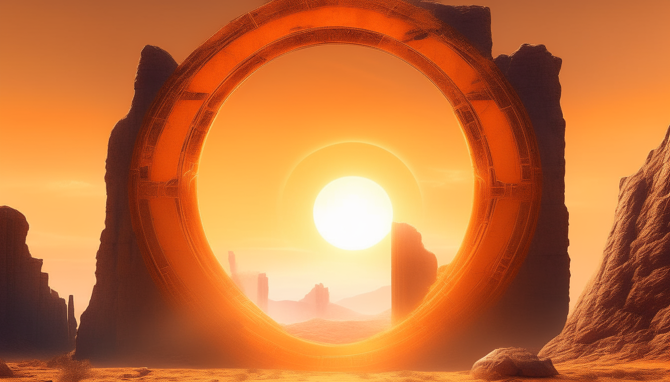 A pulsing orange portal hovering over ancient ruins on a desert world