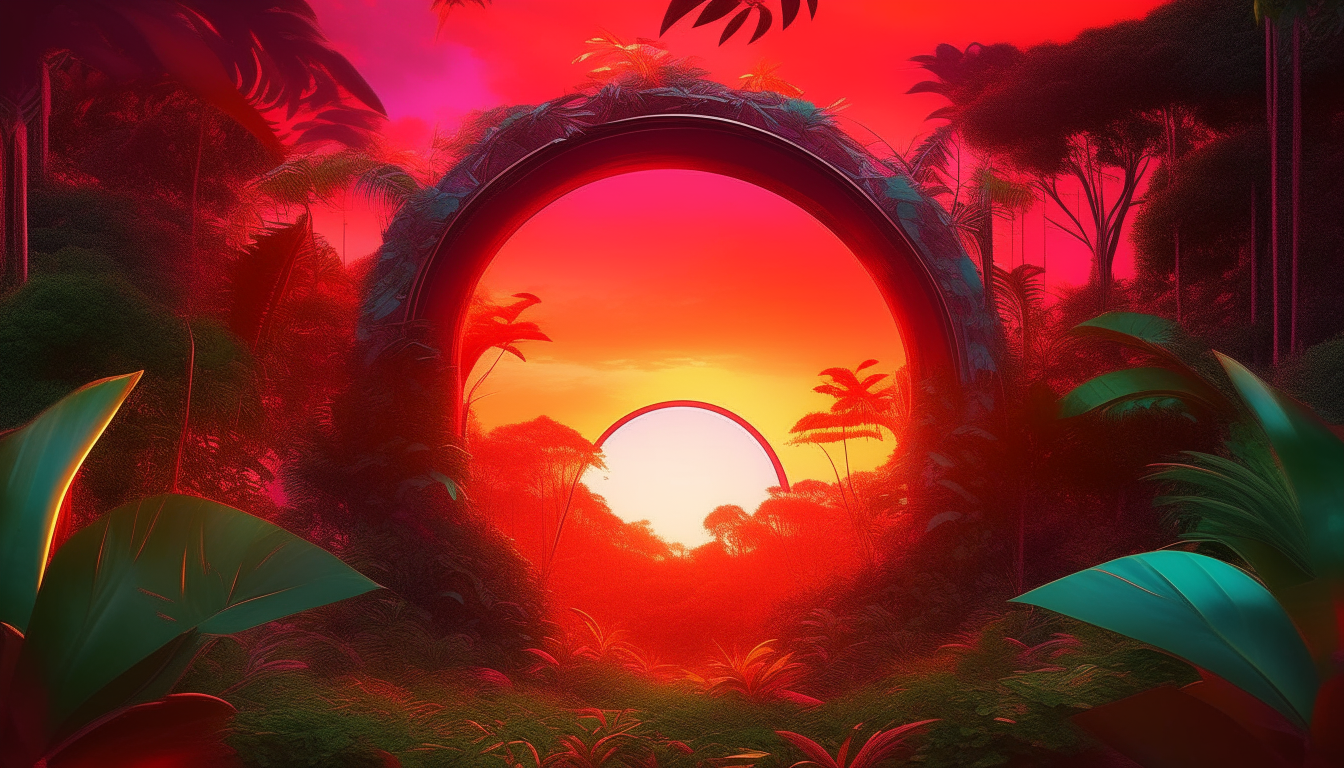 A radiant red portal emerging from a colorful jungle at sunset