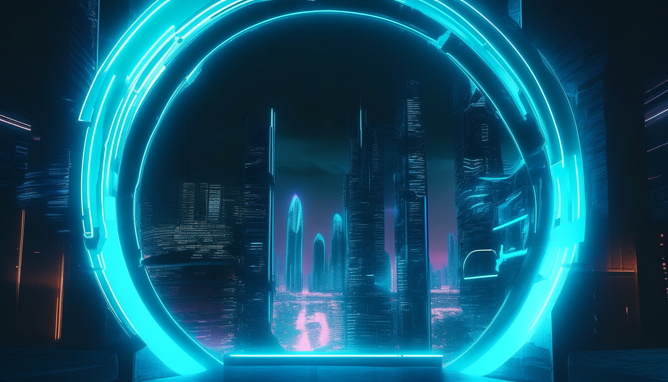 A glowing cyan portal floating in a futuristic neon cityscape at night