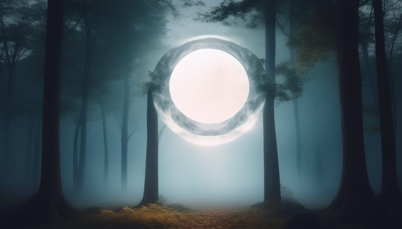 A glowing white portal floating in a misty forest clearing under a full moon