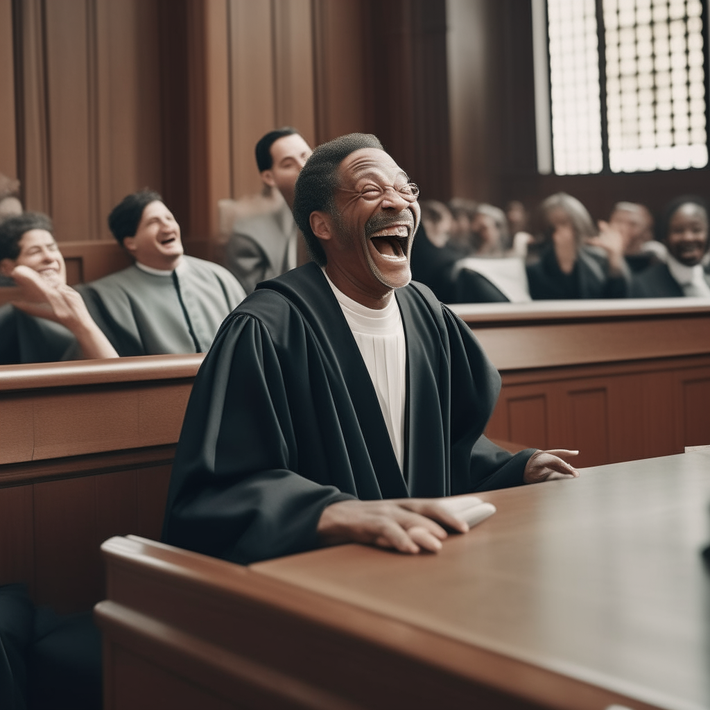 a judge laughing hysterically while seated at the bench in a courtroom full of serious people