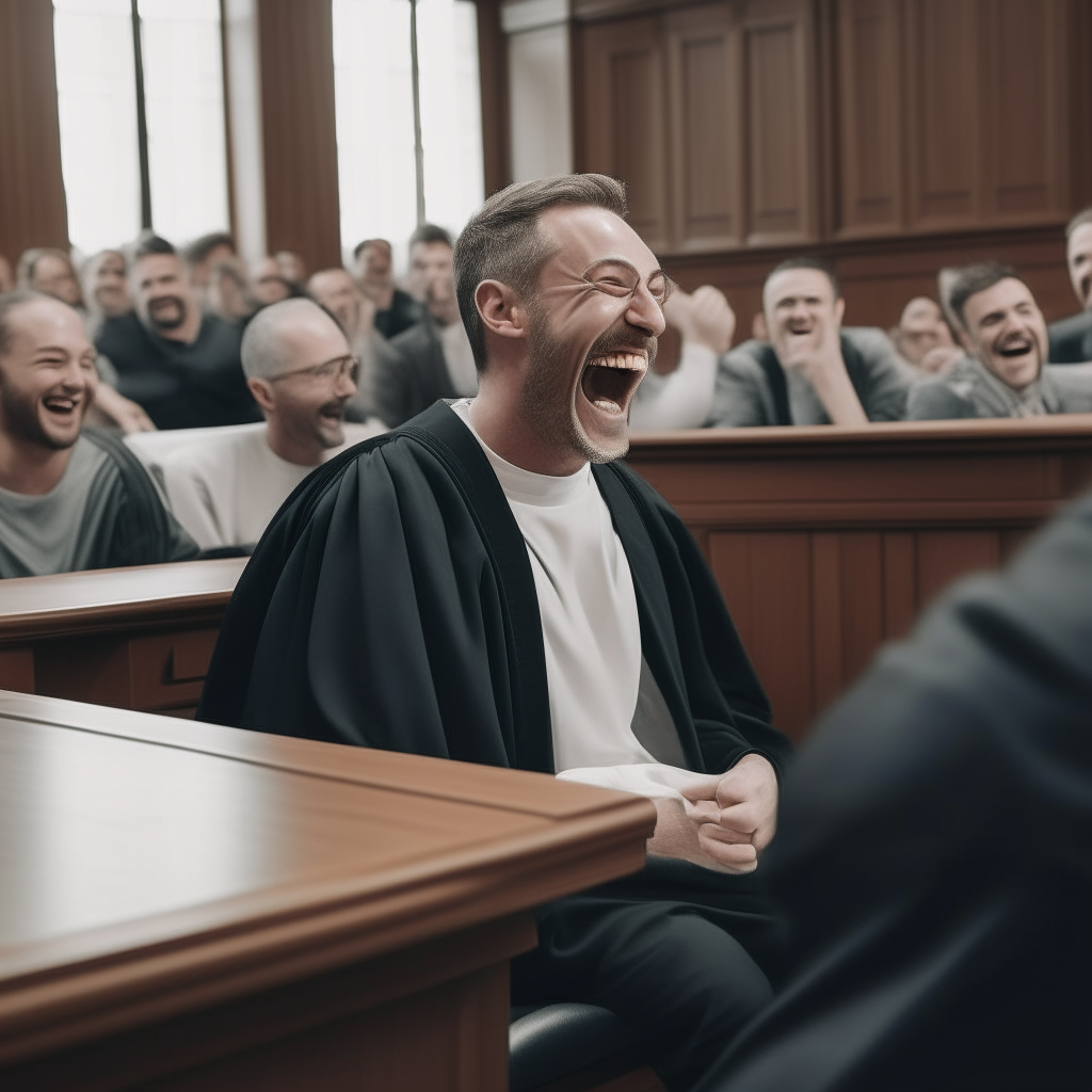 a white male judge laughing hysterically while seated at the bench in a courtroom full of serious people staring at him