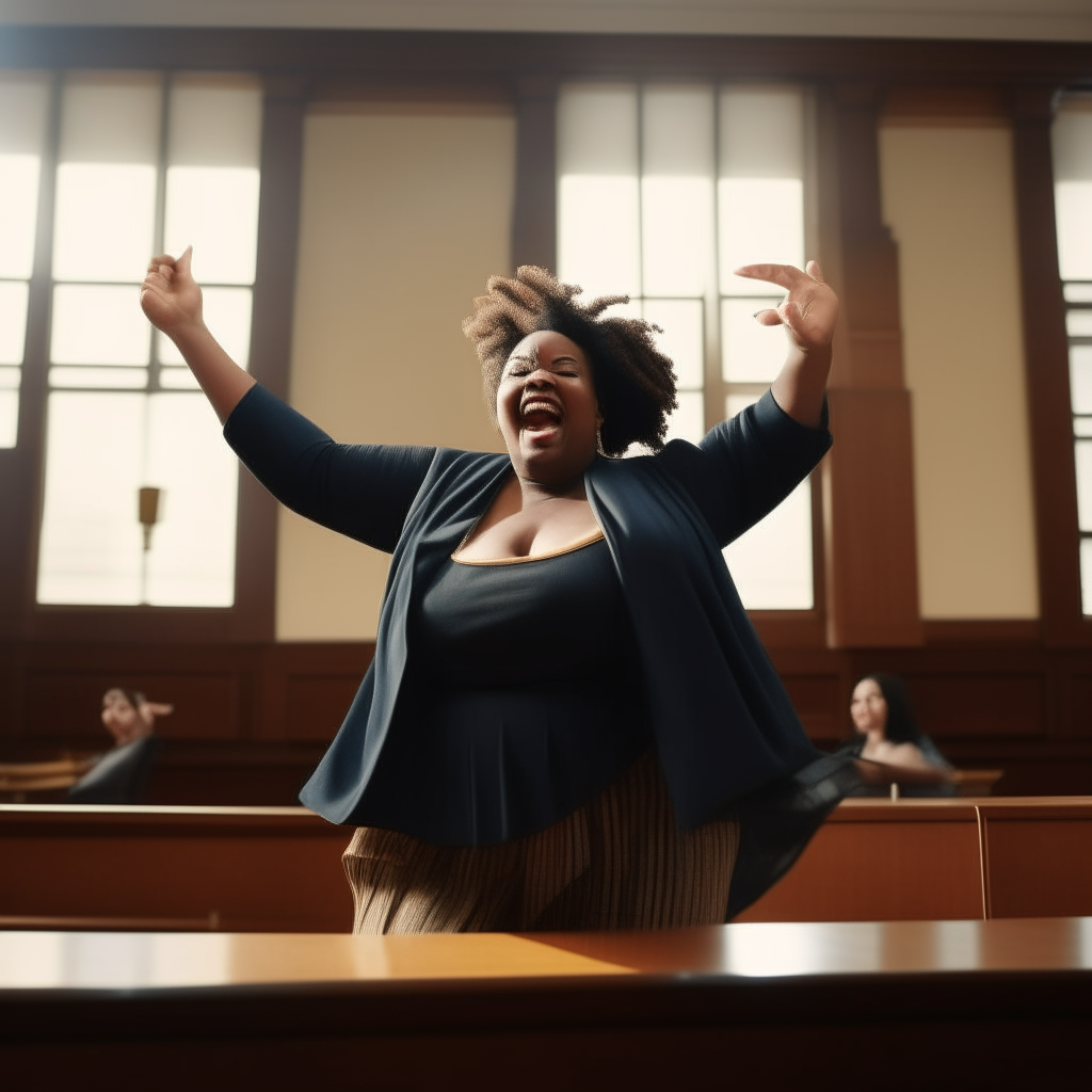 overweight black woman dancing enthusiastically in a courtroom, square photograph, photorealistic