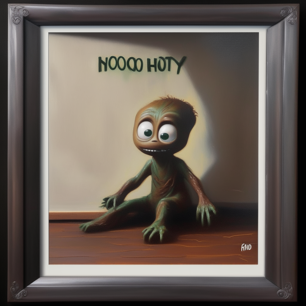 a large frame attached to the wall  depicts an oil painting of a baby groot yellow theme  with text under the picture ....."Hello monday ".................. full body, roaring bending over, reaching out its 3d head out of the frame wanting to bit an people that infrastructure of frame on the floor,real painting,proportional lighting manipu lation