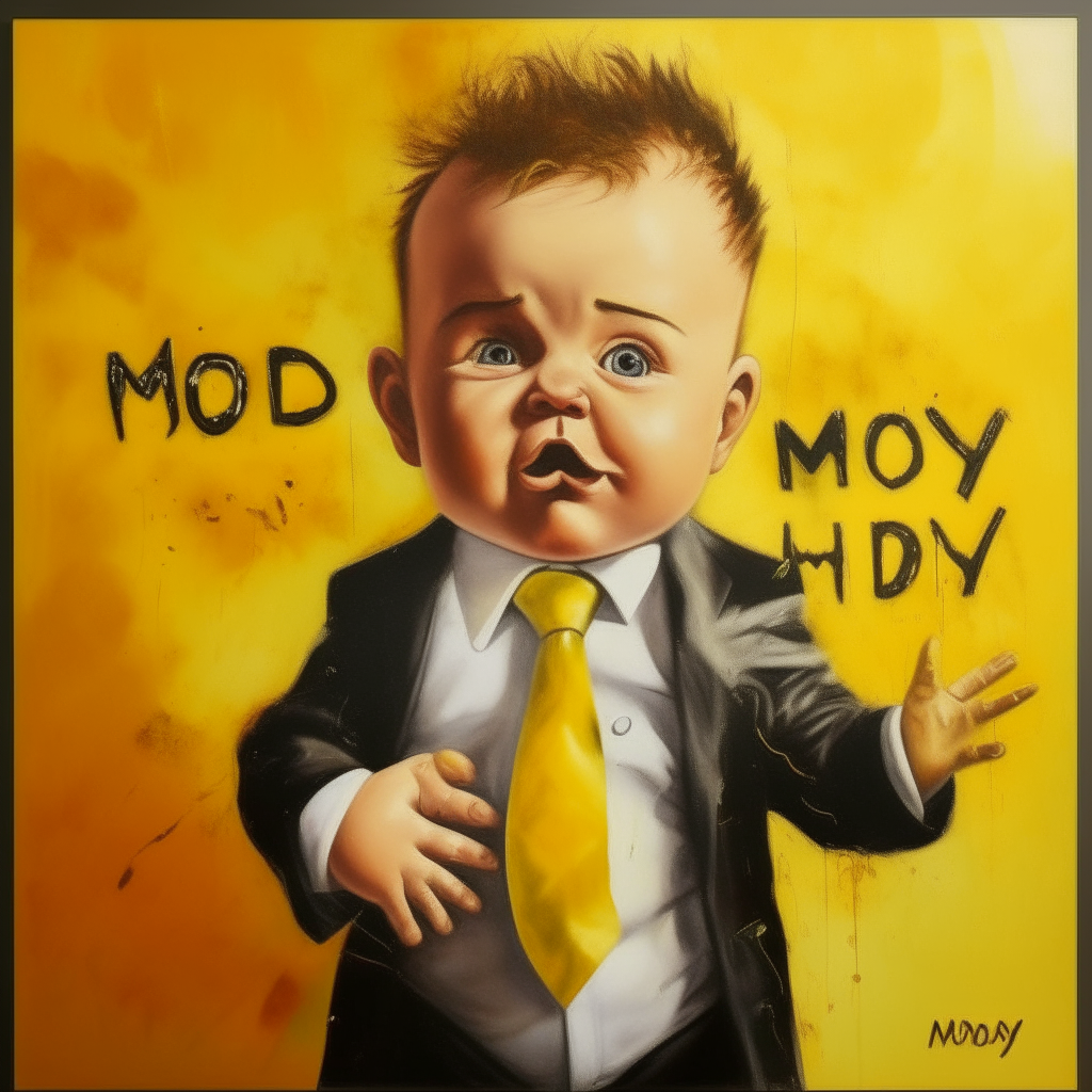 a large frame attached to the wall  depicts an oil painting of a baby groom yellow theme  with text under the picture ....."Hello monday ".................. full body, roaring bending over, reaching out its 3d head out of the frame wanting to bit an people that infrastructure of frame on the floor,real painting,proportional lighting manipu lation