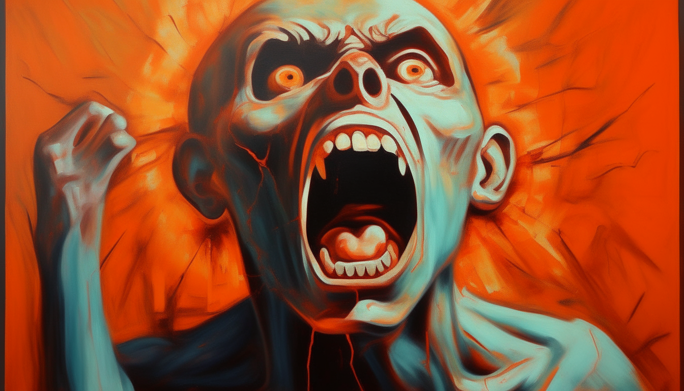 a large frame attached to the wall  depicts an oil painting of a zombies  orange theme  with text under the picture ....."Hello monday ".................. full body, roaring bending over, reaching out its 3d head out of the frame wanting to bit an people that infrastructure of frame on the floor,real painting,proportional lighting manipu lation