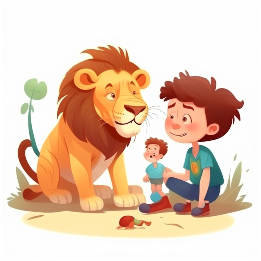 A scene showing lion and boy with good friend and playing 
