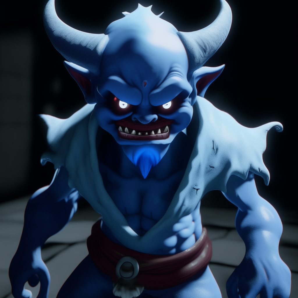 a realistic 3D rendition of the cartoon demon character with blue skin, rendered in Unreal Engine