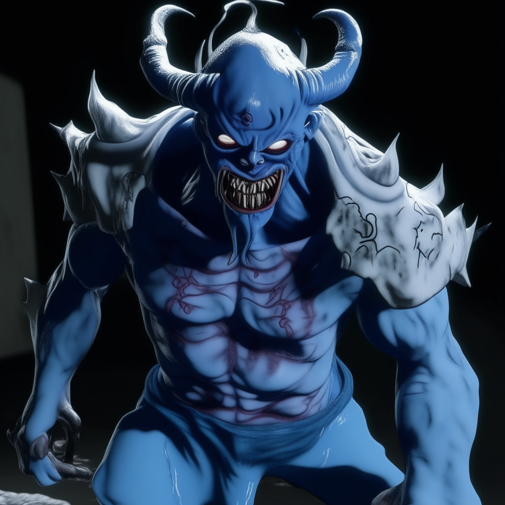 a highly detailed 3D rendition of the blue skinned demon cartoon character, rendered realistically in Unreal 5 but still recognizable as the original drawing