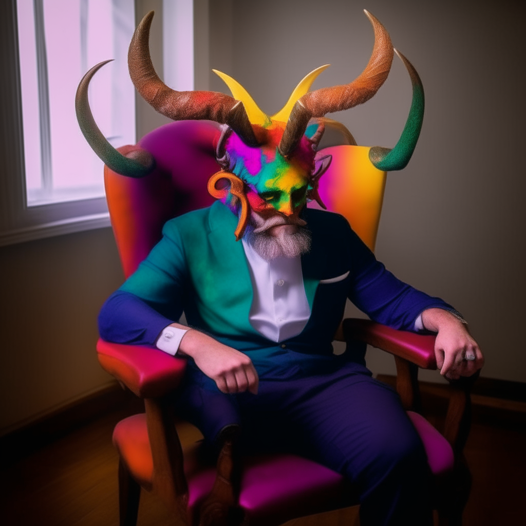 a man with a horned head sitting in a chair, now the horns are rainbow colored