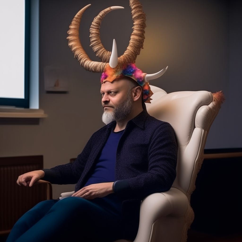 a man with a horned head sitting in a chair, now there is a unicorn horn instead