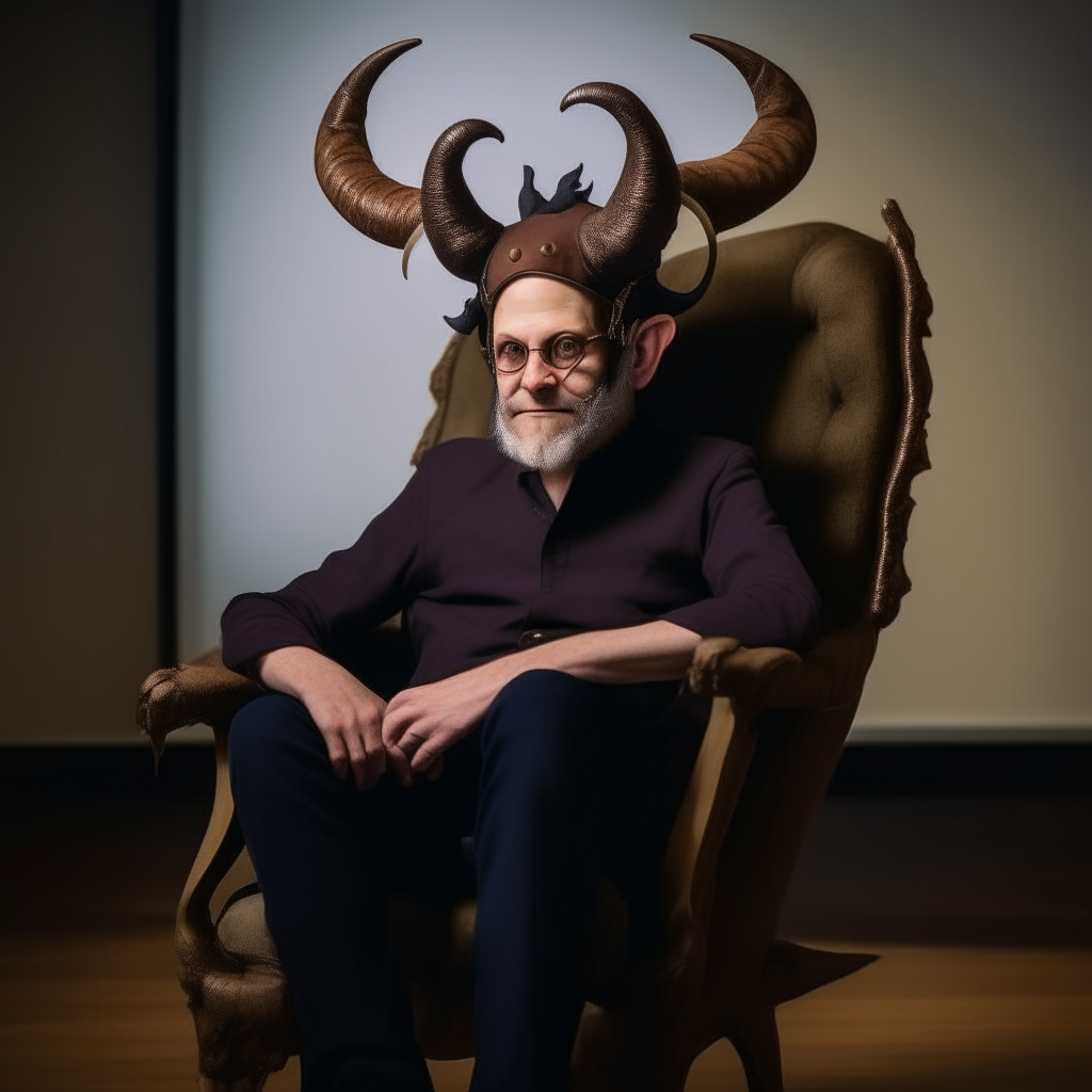 a man with a horned head sitting in a chair, now the horns are replaced with cat ears