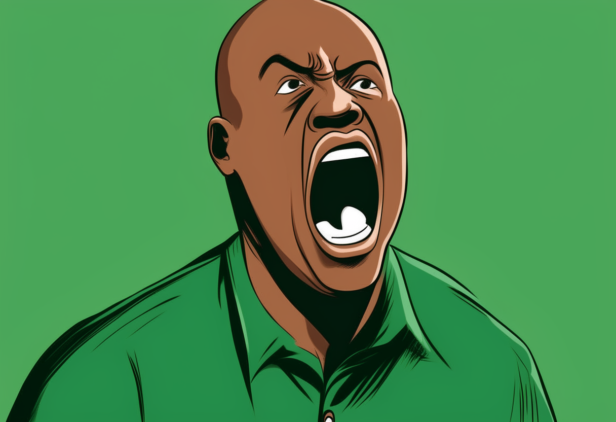 a cartoon of a bald black man with dark skin, shouting loudly in front of a green background