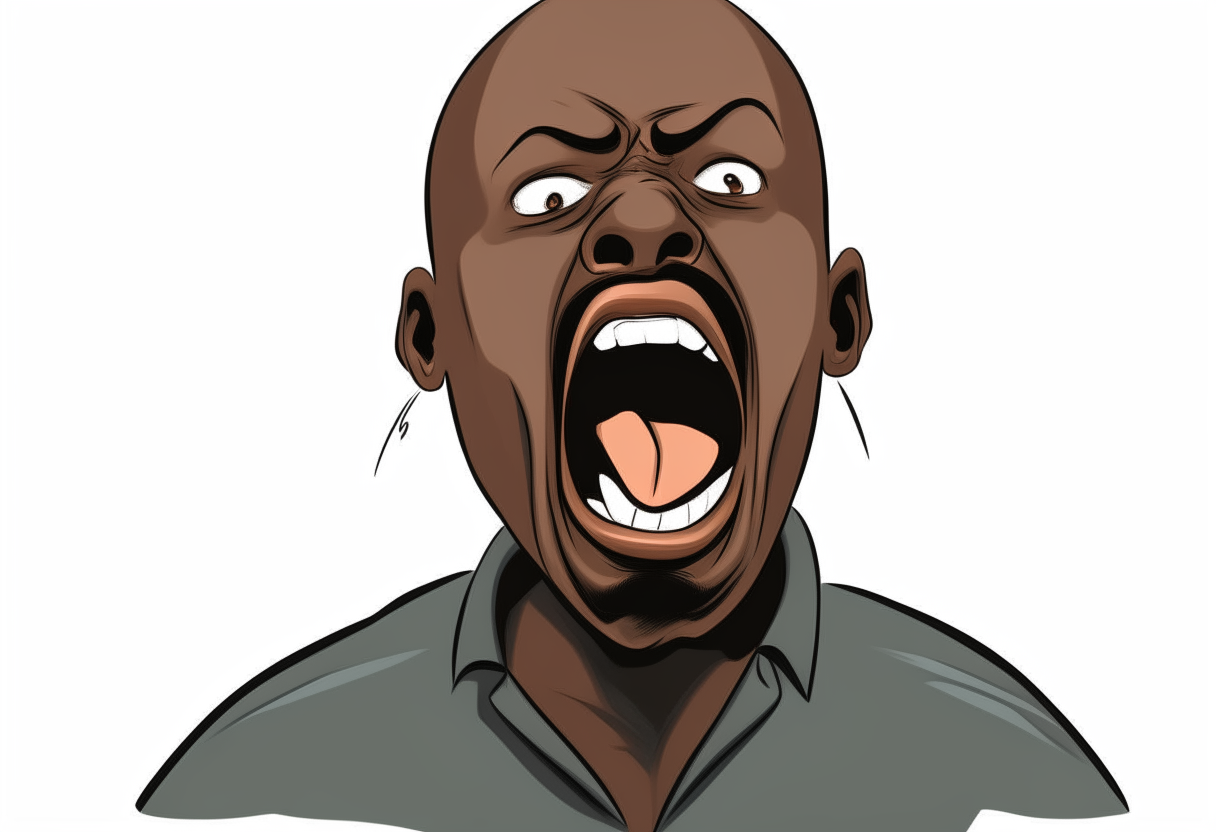 a cartoon of a bald black man with dark skin, shouting loudly in front of a transparent background