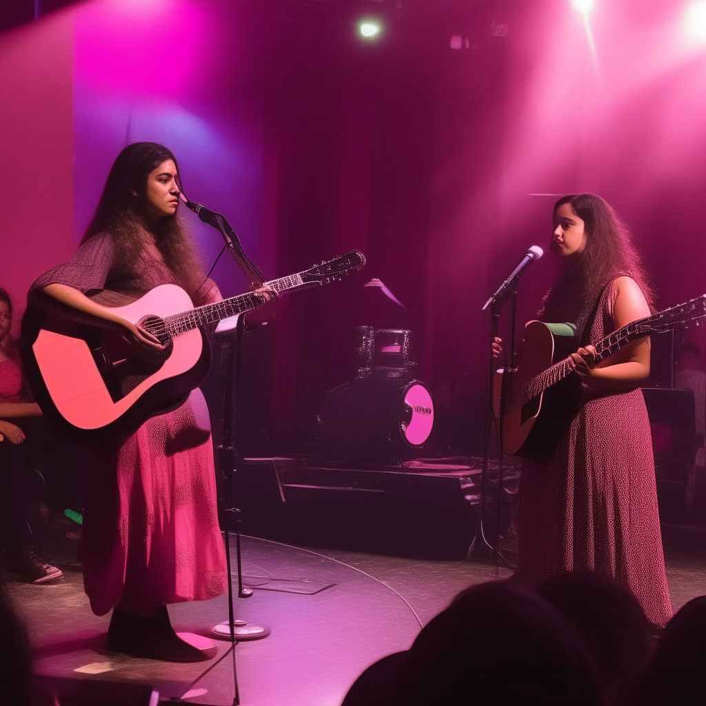 Uma cena dos músicos envolvidos em performances intensas no palco, cobertos em fumaça. Luzes roxas e rosa dão uma aparência onírica e suave