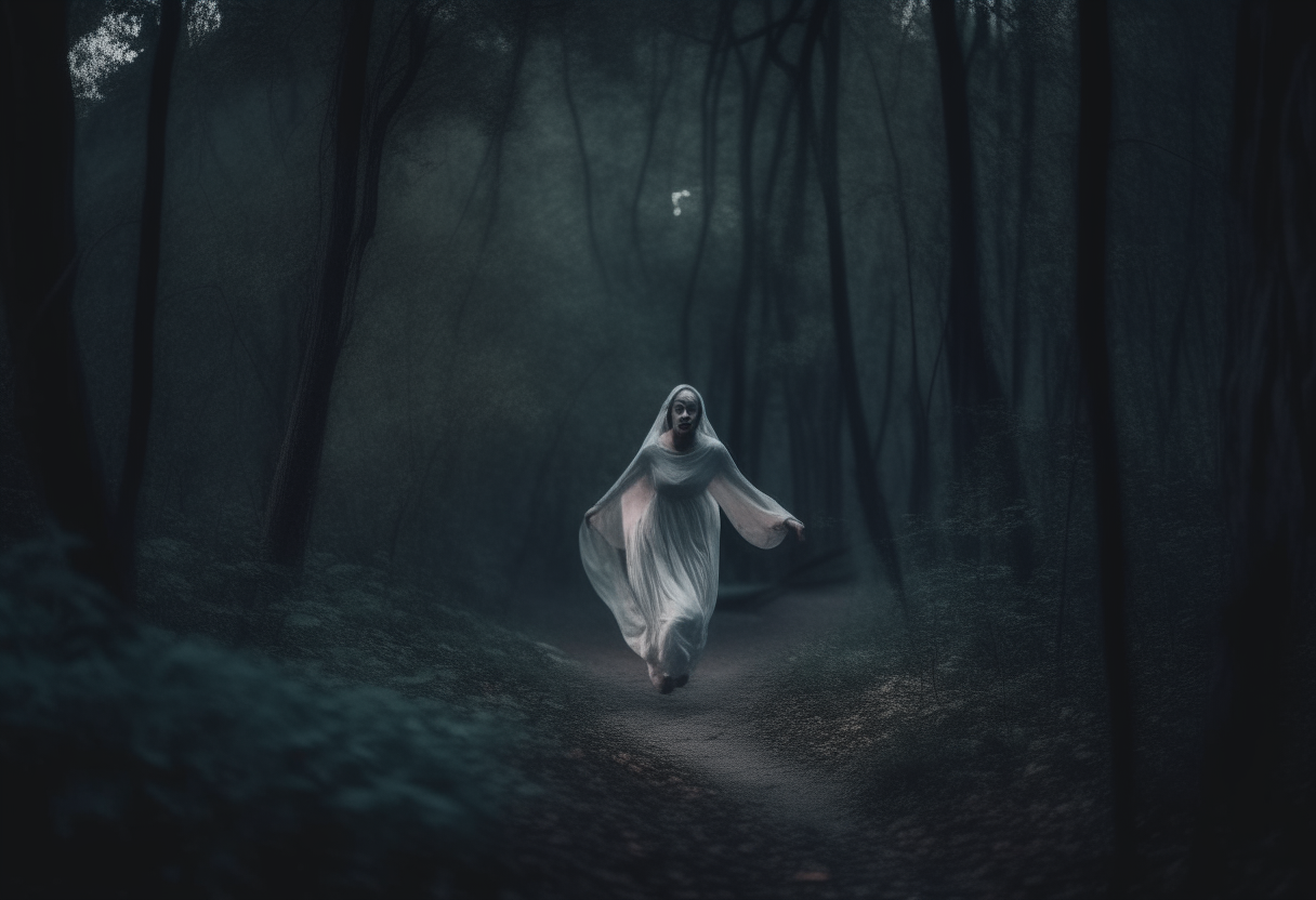 a creepy ghost woman running in dense of forest in the middle of the night