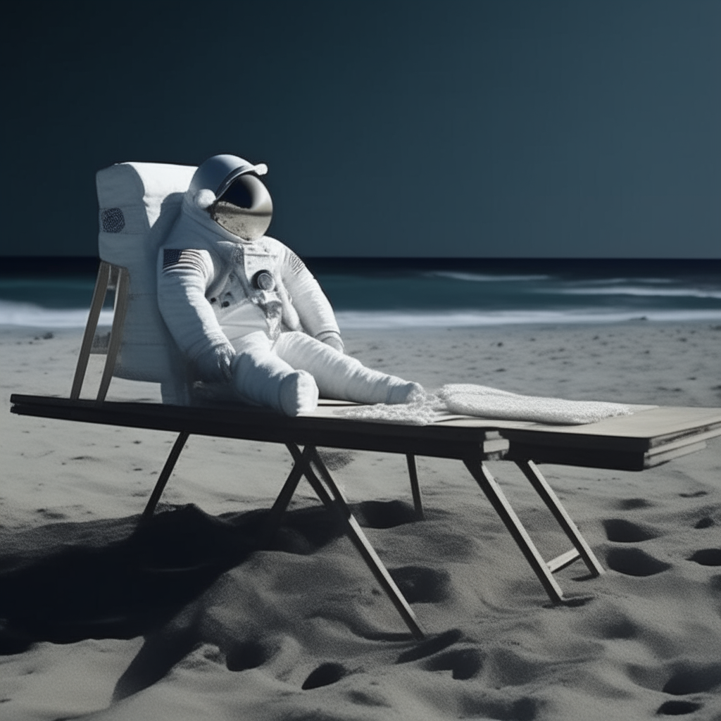 un astronauta sulla Luna mentre prende il sole sdraiato su un lettino da spiaggia con un tavolino da bar su cui è posata una bibita, accanto a un ombrellone. Indossa la tuta spaziale mantenendo la parte del busto e del torace esposta al sole. Sullo sfondo si vede la terra con il suo alone celeste