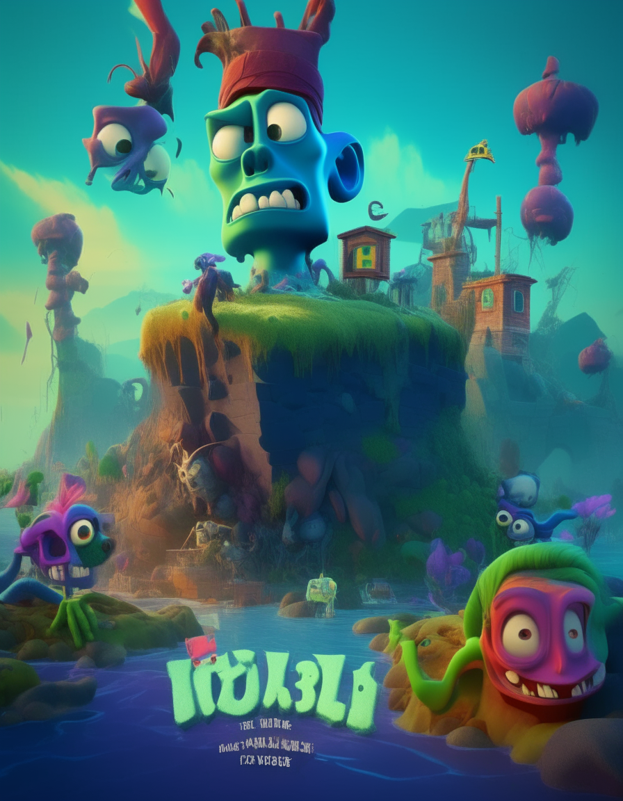 Spectacular Zombi Island movie poster in Pixar 3D animation --ar 3:4