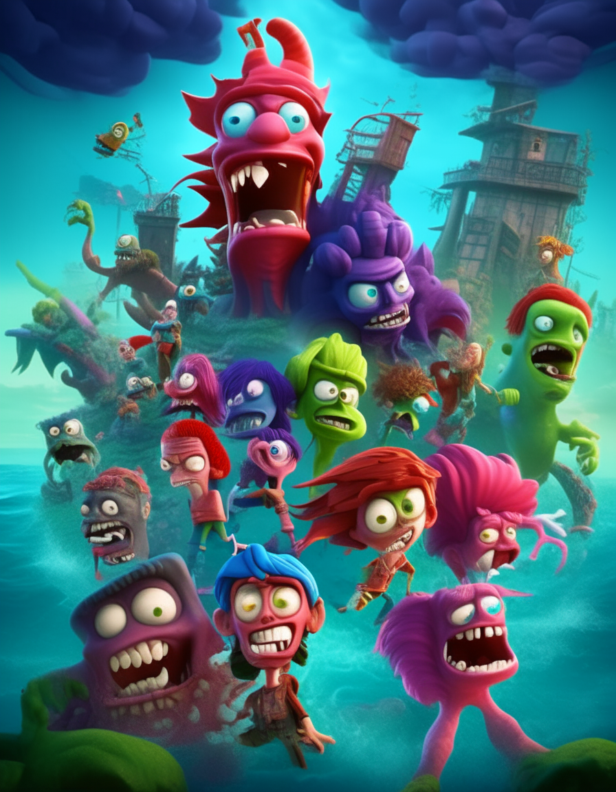 Spectacular Zombi Island movie poster in Pixar 3D animation --ar 3:4