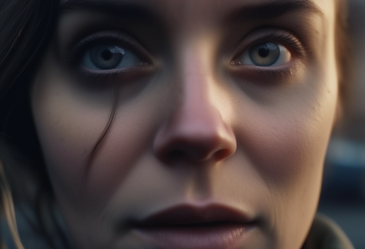 Face of a woman in a deserted city action scene Dolly zoom shot cn65mm-wh3:2