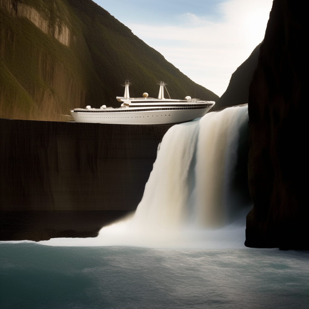 A very large liner arrives at the top of a very large waterfall