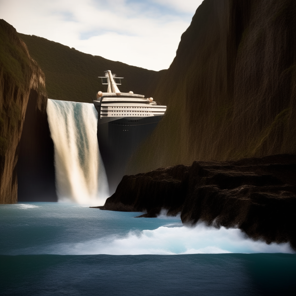 A very large liner arrives at the top of a very large waterfall