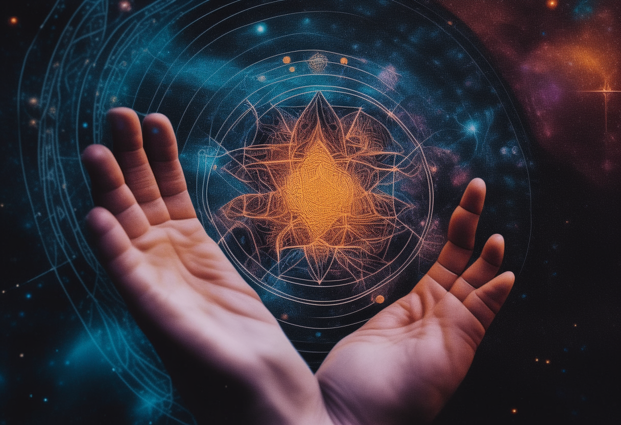 “A close-up of a wizard's hand tracing a mandala on a galaxy backdrop”