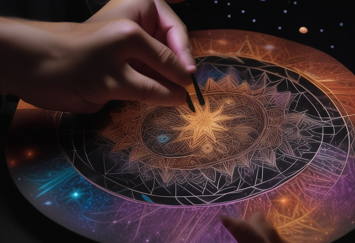 “A close-up of a wizard's  tracing a mandala on a galaxy backdrop”
