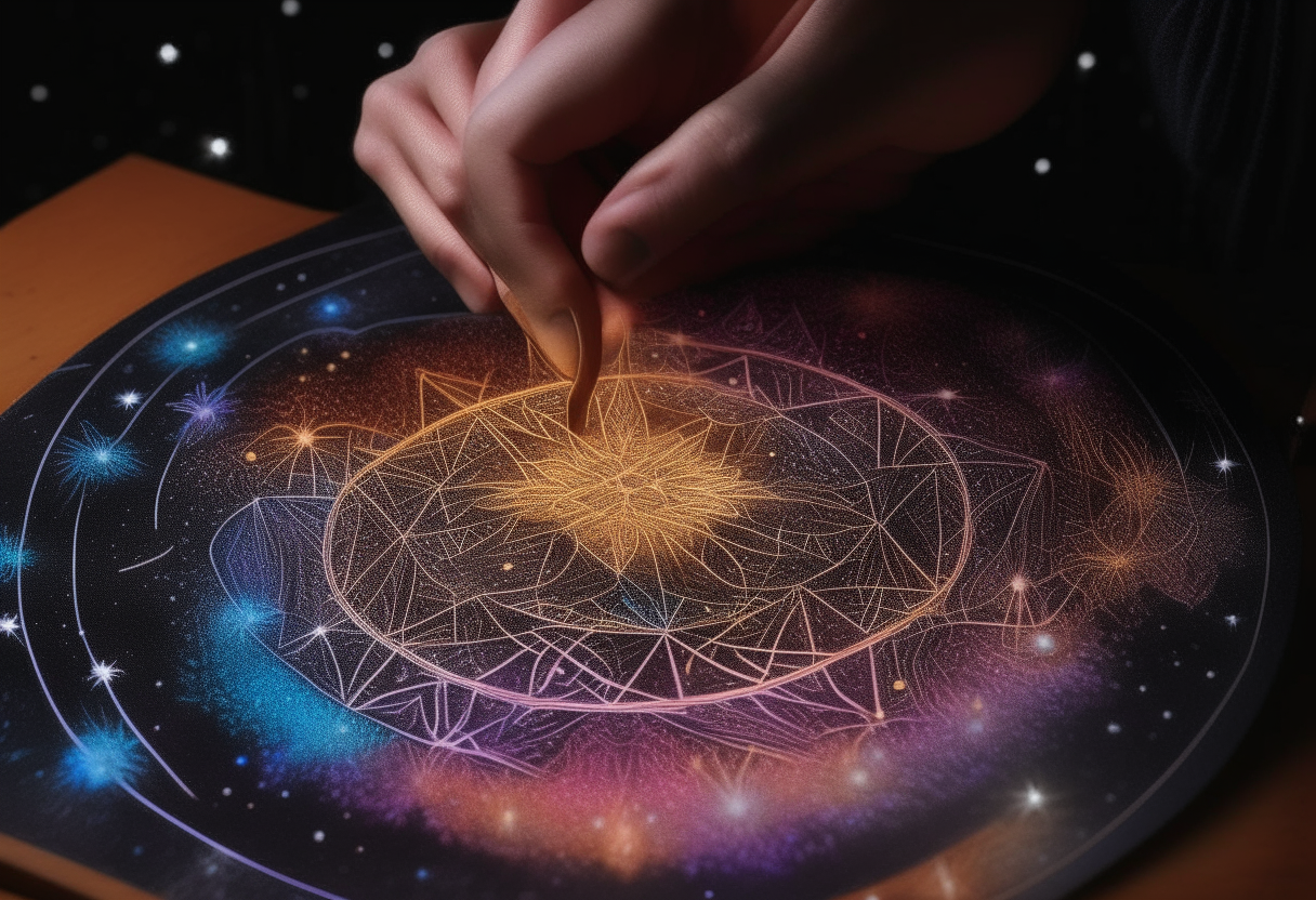 “A close-up of a wizard's  tracing a mandala on a galaxy backdrop”