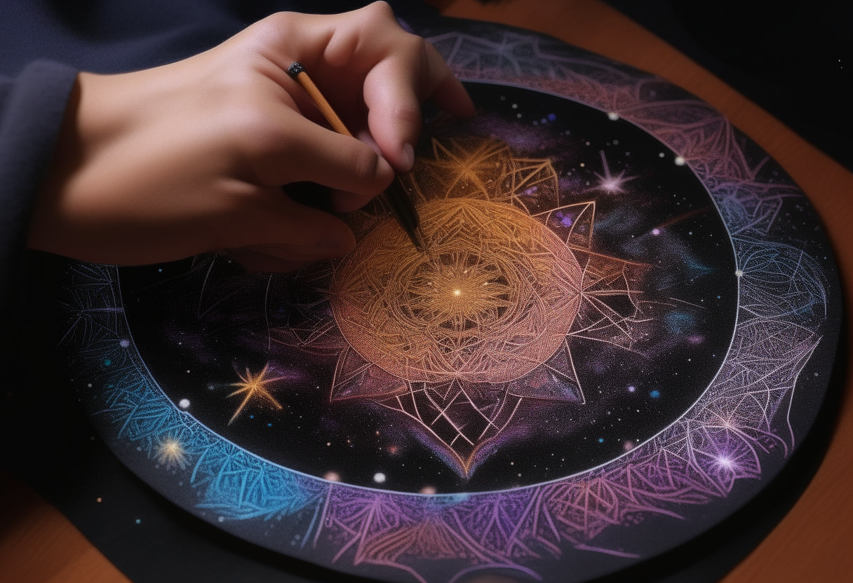 “A close-up of a wizard's  tracing a mandala on a galaxy backdrop”