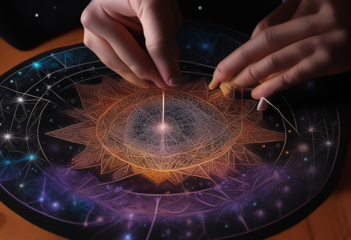 “A close-up of a wizard's  tracing a mandala on a galaxy backdrop”