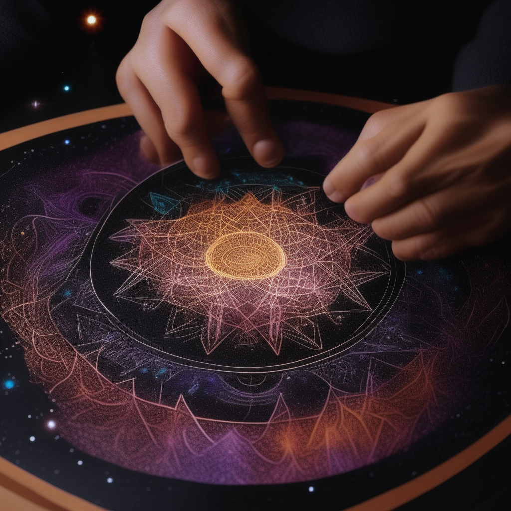 “A close-up of a wizard's  tracing a mandala on a galaxy backdrop”